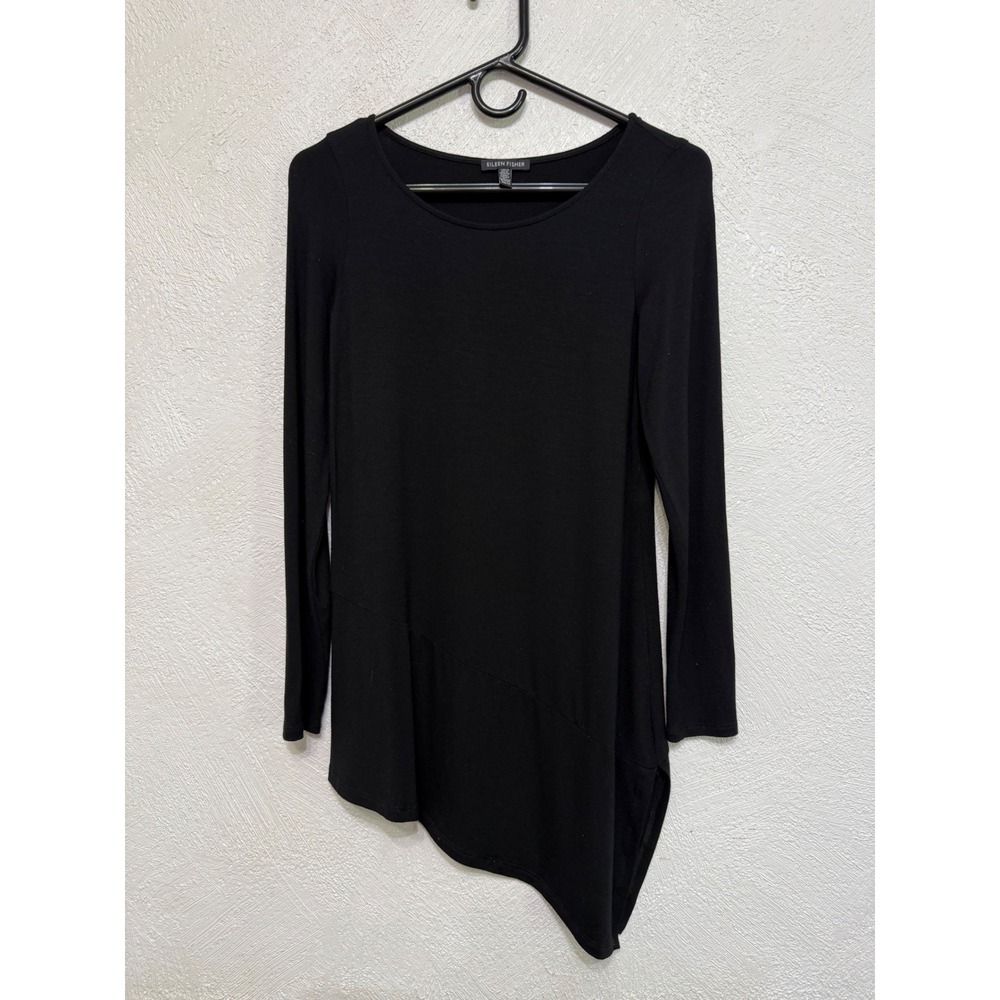 Eileen Fisher Black Long Sleeve Asymmetrical Hem XS Women Viscose Lycra Top